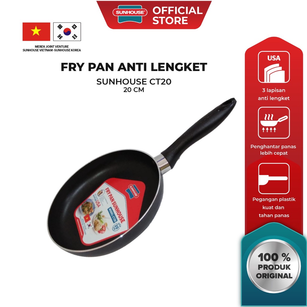 COD!!BARU!! Sunhouse CT20 Plain Frypan Anti Lengket Hitam 20 cm 1 Pcs || Dapur || Peralatan Masak