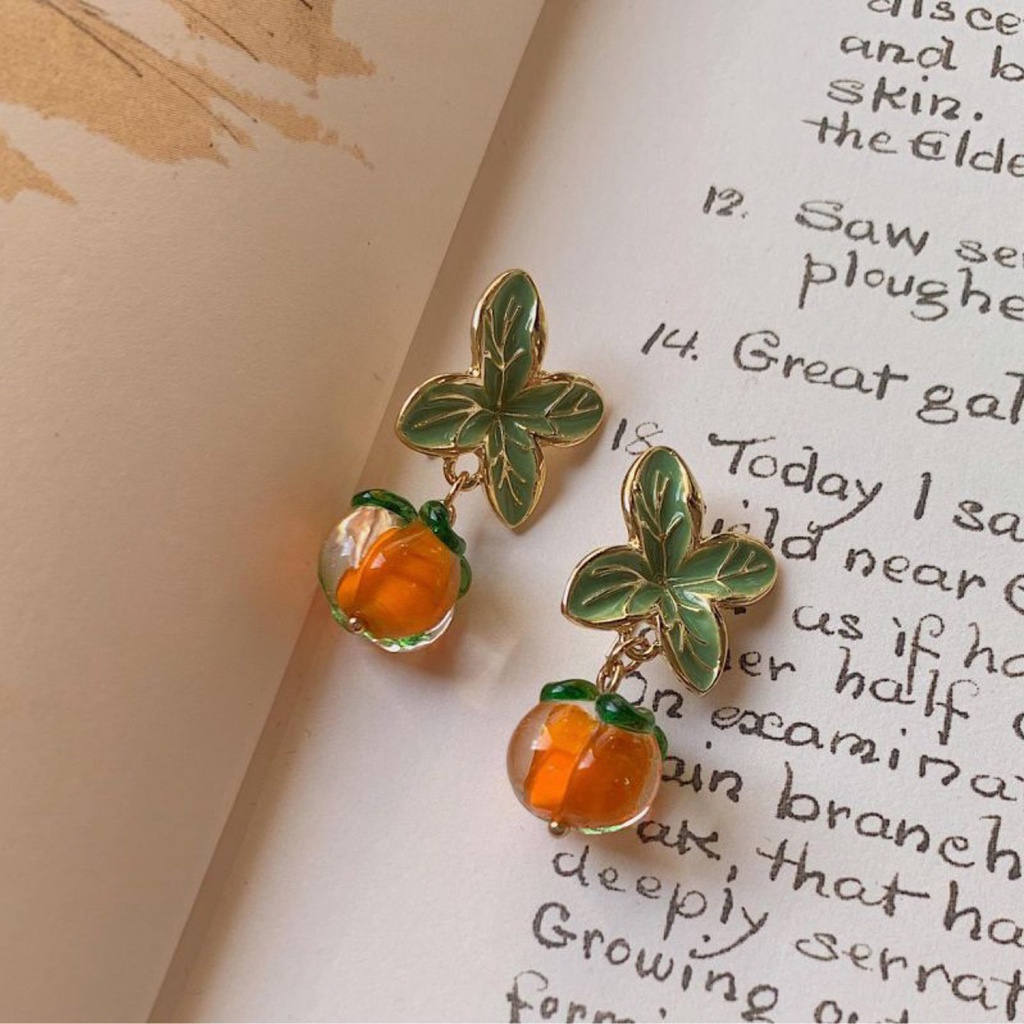 Hu Hu Hu Hu Hu Alat Bantu Pasang Kacamata♡ 1 Pasang Anting Tusuk Gantung Desain Buah Kesimmon Bahan Kaca Untuk Wanita