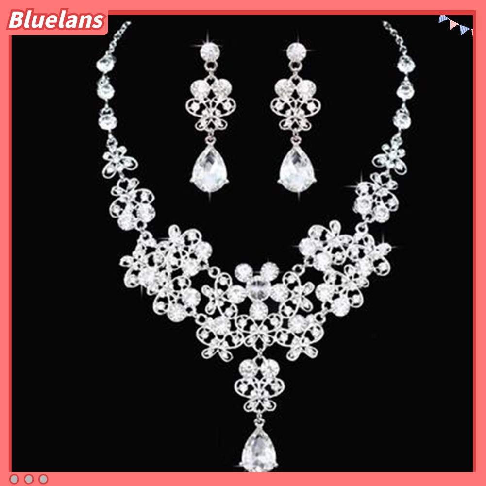 Bluelans 3Pcs Rhinestone Butterfly Necklace Crown Earring Bridal Wedding Jewelry Gift