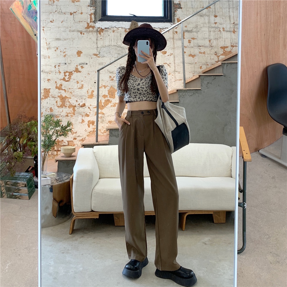 Celana Panjang Kasual Khaki Wanita Loose Minimalis Basic Color High Waist Straight Pants