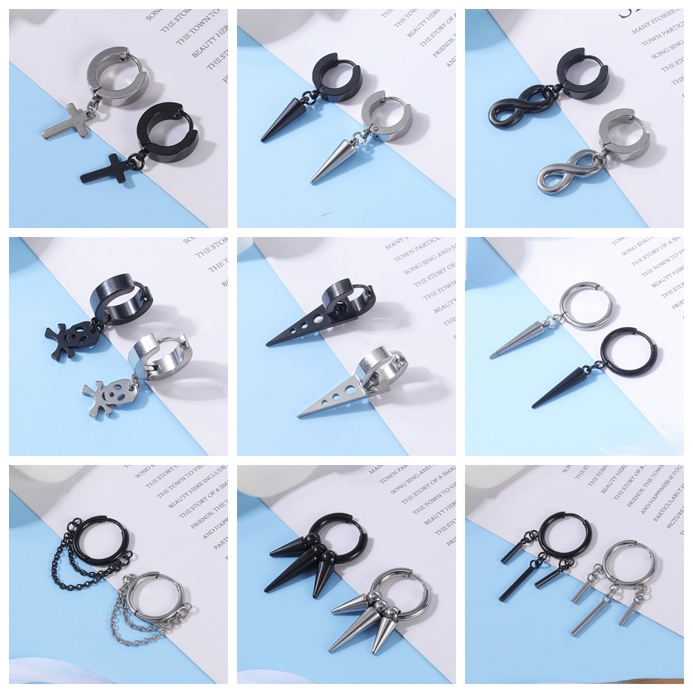 6pcs / lot Anting Hoop Rantai Rumbai Panjang Desain Tengkorak Salib Bahan Stainless Steel Gaya Punk Korea