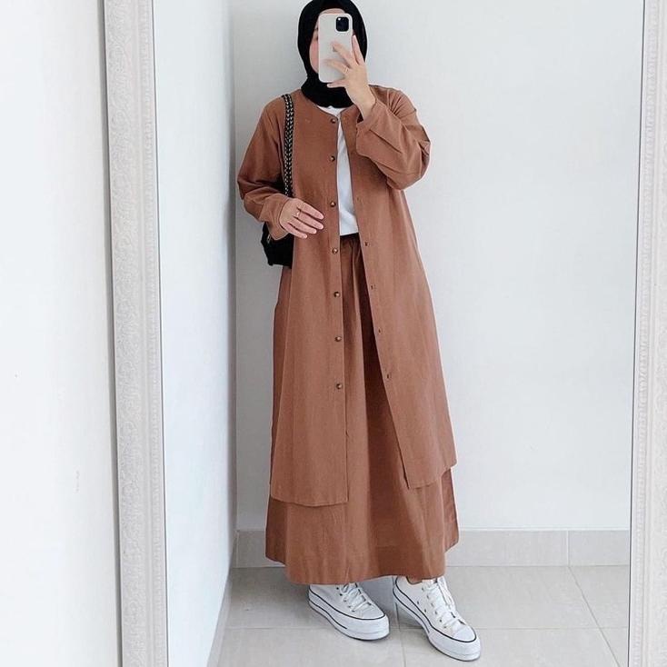 SHOPEE 8.8 FR BAJU SETELAN CARDIGAN TUNIK ROK ONE SET WANITA MUSLIM KEKINIAN SELEBGRAM BUSUI MOSCREP