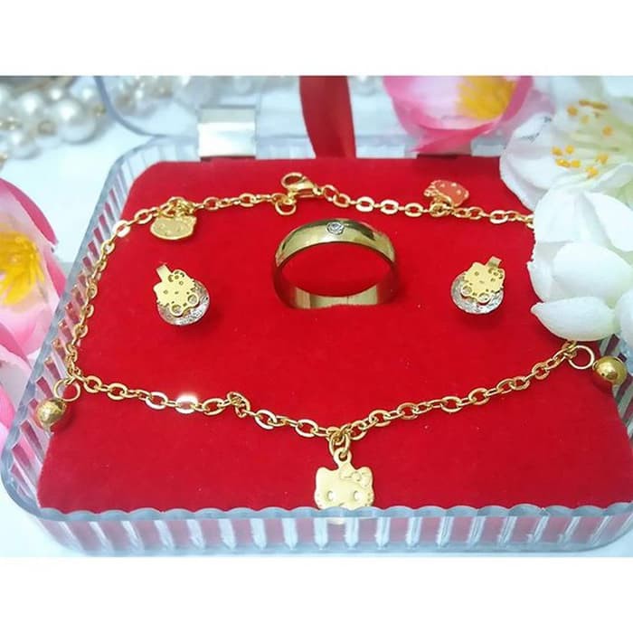 Perhiasan Set Titanium Anting Cincin Gelang Tangan Kaki ANTI KARAT SELAMANYA PGM PT12