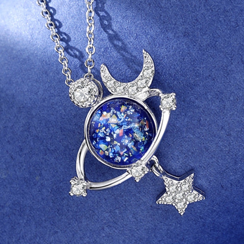Kalung Rantai Klavikula Hias Liontin Planet Bintang Kristal Biru Gaya Korea Untuk Wanita