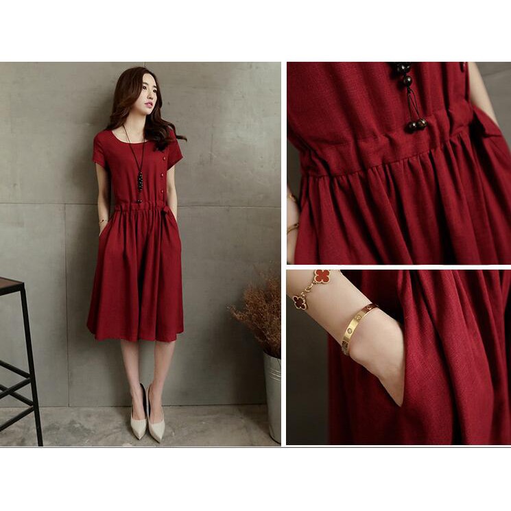 Dress Midi Casual Elegan Bahan Katun Linen Gaya Korea Warna Merah