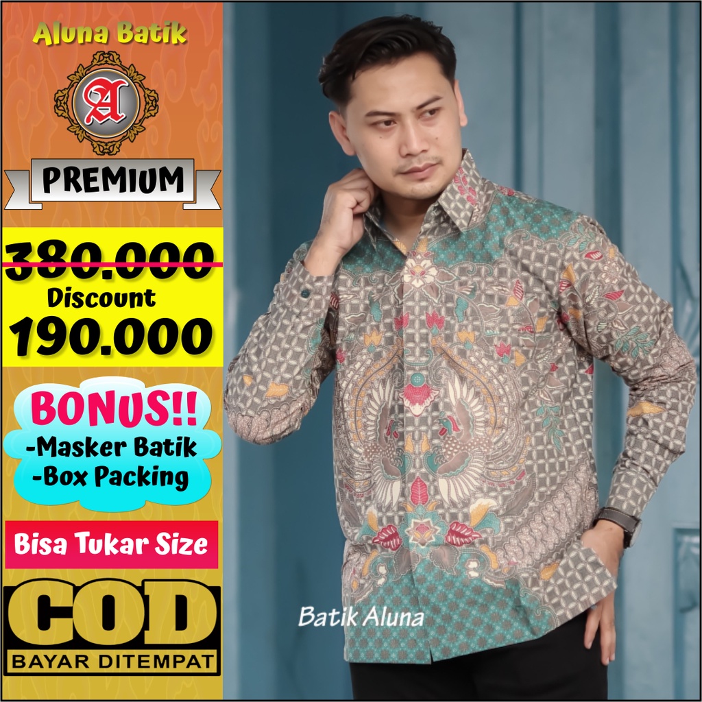 Batik Pria Lengan Panjang Kemeja Cowok Hem Pria Lengan Panjang Premium Produksi Batik Aluna PCW 074