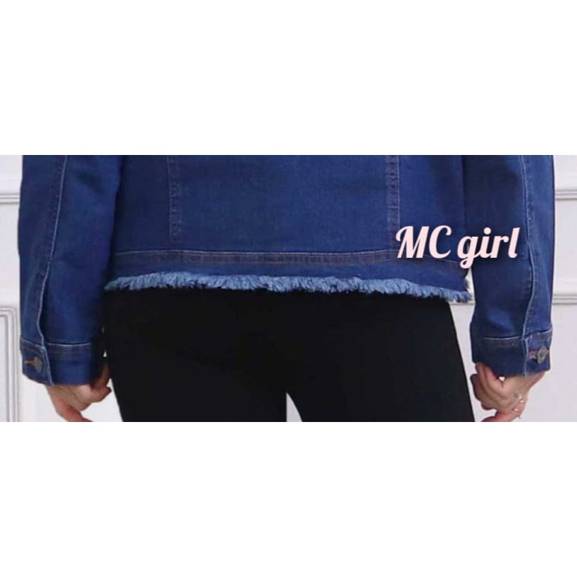 MC girl - Jaket Jeans Rumbai Gambar Sepatu 3D Wanita / Jacket Lepis Rawis Gambar Pita Belakang Sequin Cewek / Jaket Denim Biru Tua Size XXL