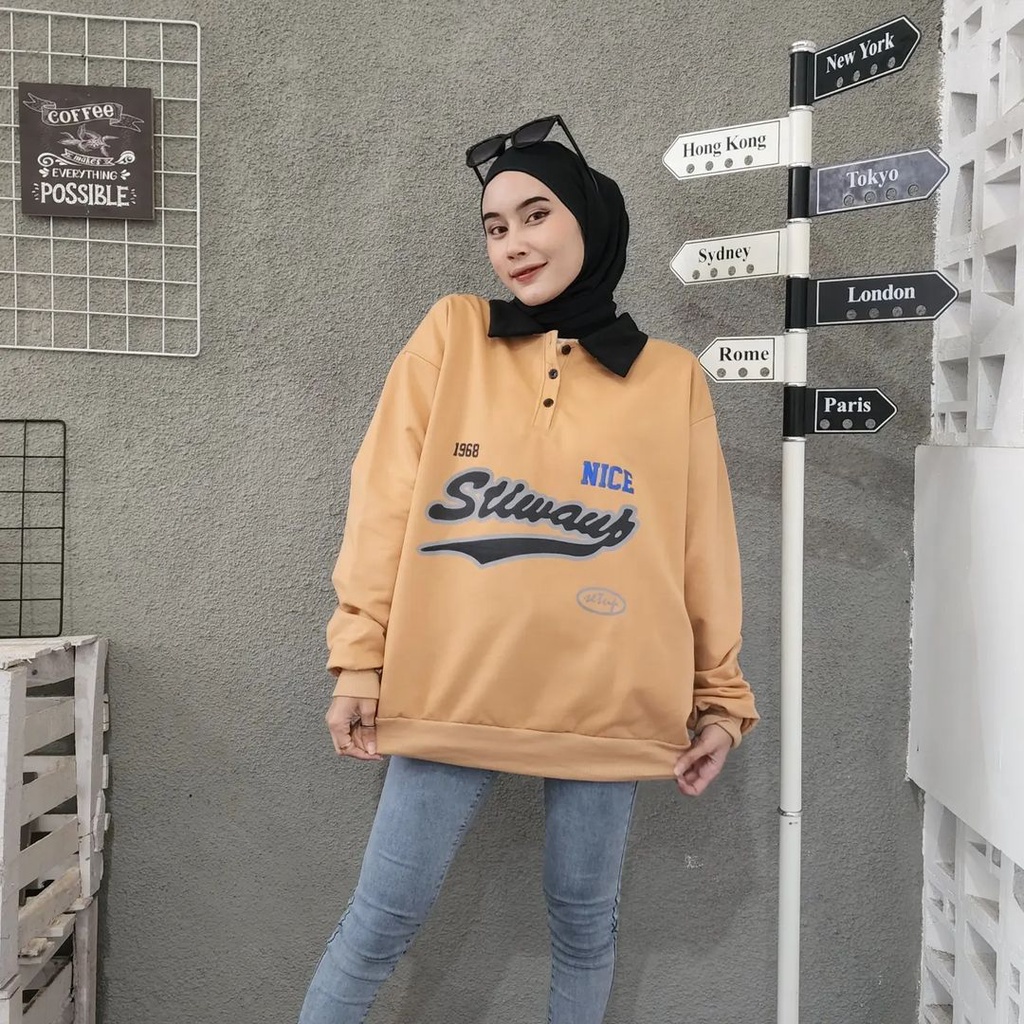 STIWAYS BUTTON COLAR 2XL Sweater Crewneck Berkerah Pria Wanita Oversize Atasan Switer Model Blouse Kekinian Outfit Kece Kasual Korean Style