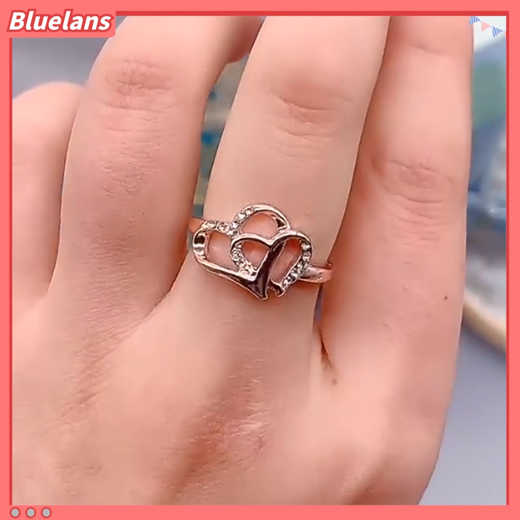 Bluelans Cincin Berlian Imitasi Bentuk Hati Ganda Model Hollow Bahan Alloy Untuk Wanita