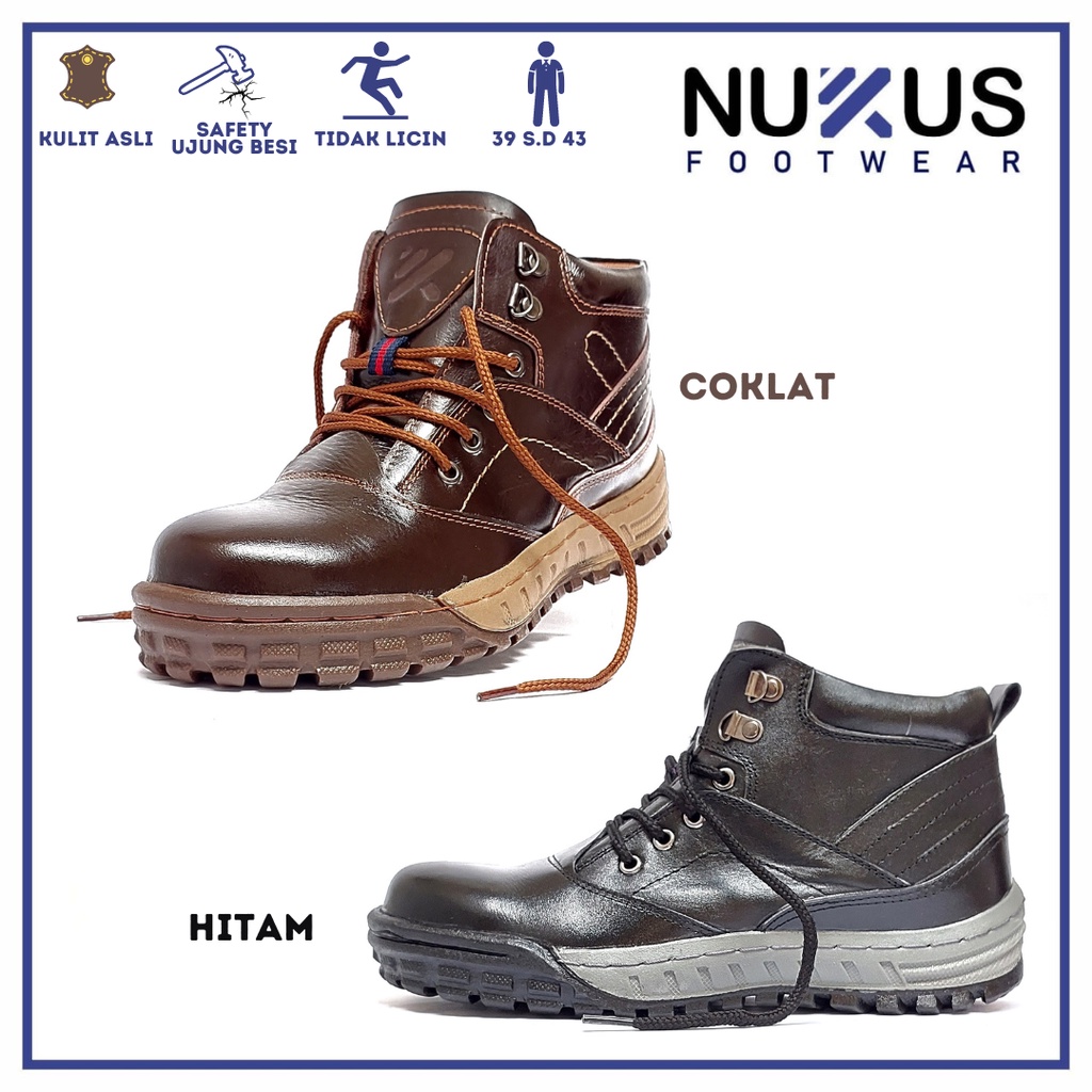 Nukus Sepatu Safety Boots Tali Pria Kulit Sapi Asli Hitam dan Cokelat - DRTL GB