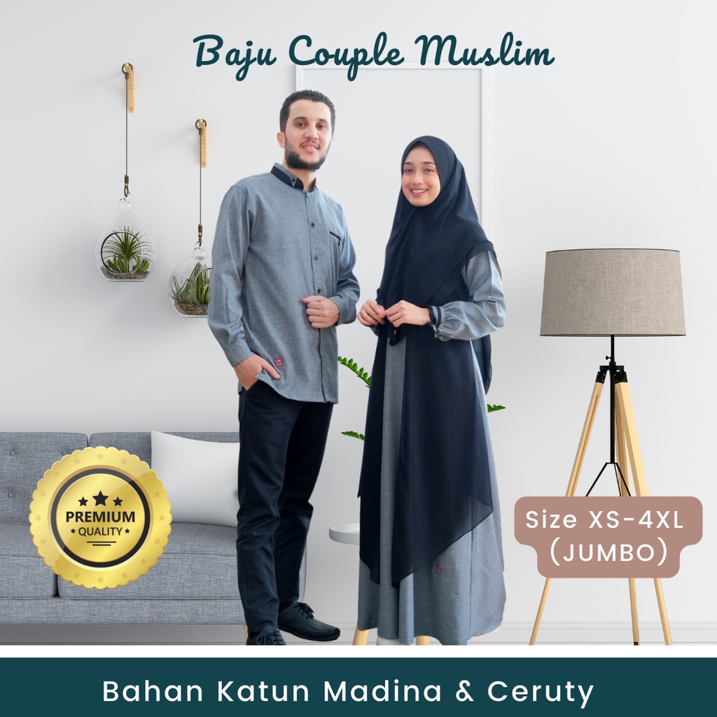 Baju Couple Pasangan Muslim Kekinian Gamis Couple Pasangan Bahan Katun Madina Warna Hitam Black