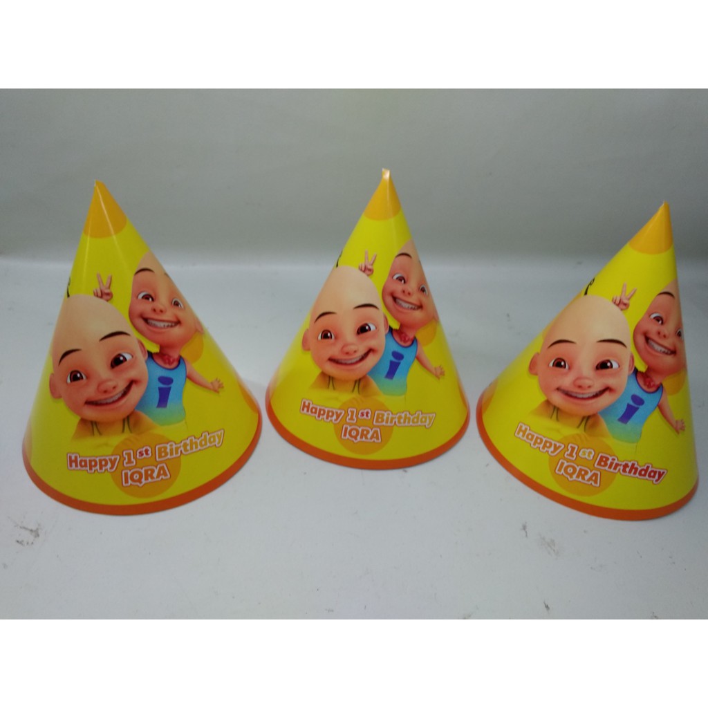 topi kerucut upin ipin / topi ulang tahun kerucut upin ipin / topi kerucut custom upin ipin