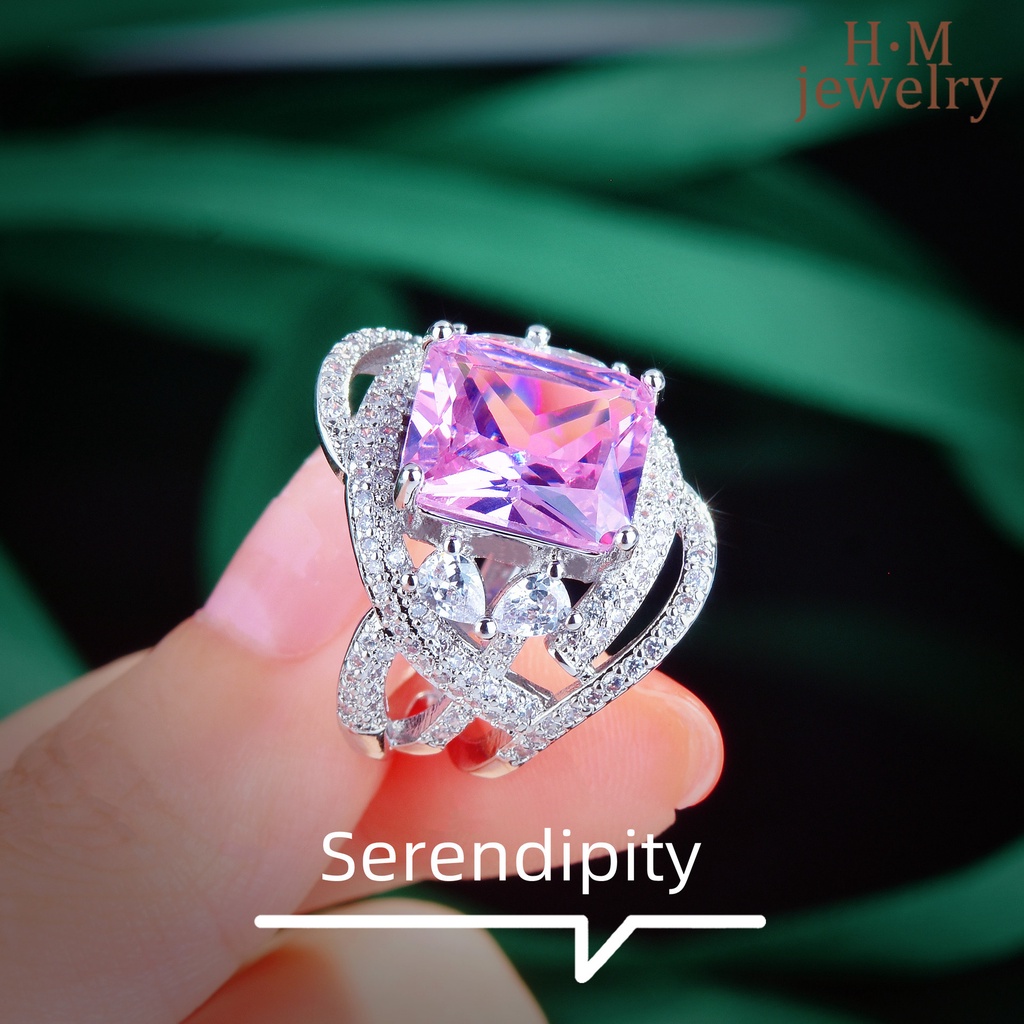 Cincin Sterling Silver 925 Hias Batu Permata Persegi Warna Pink Untuk Wanita