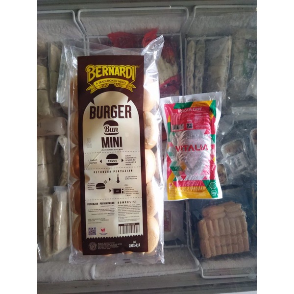 

Paket Burger Mini Bernardi + Vitalia beef / Ayoma beef / Hemato beef isi 20 pcs