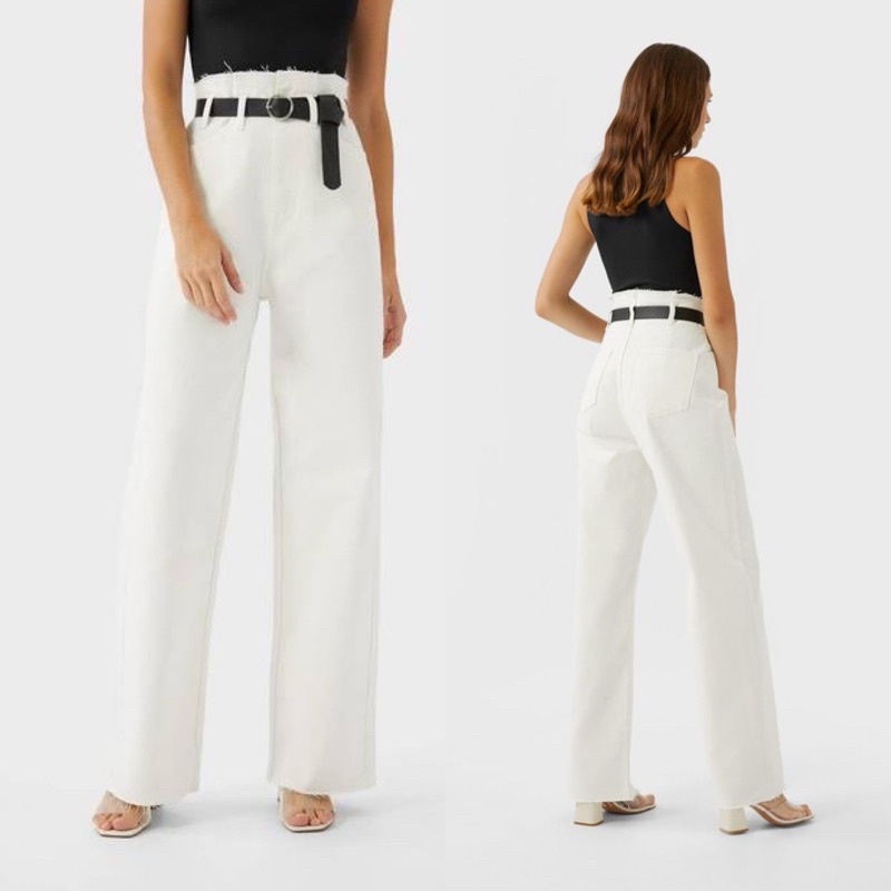 STRADIVARIUS white paperbag wide jeans with belt