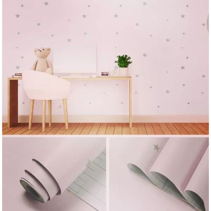 WALLPAPER STIKER DINDING MOTIF BINTANG BACKGROUD PINK 45cm x  10M