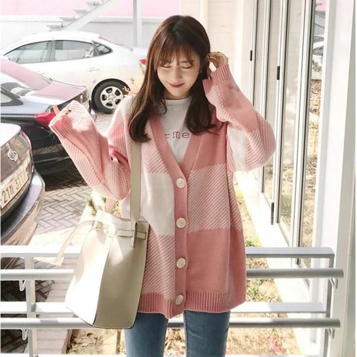 Pink casual plaid v-neck cardigan / cardigan rajut korea auntumn