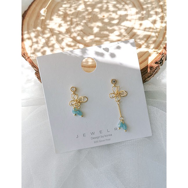 LRC Anting Tusuk Fashion Blue Asymmetric Bow Dripping Tassel Earrings D98399