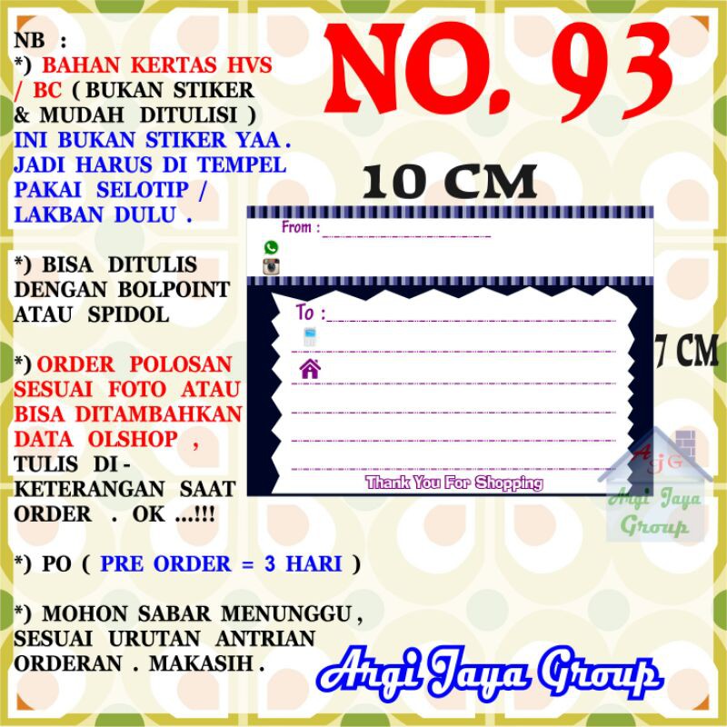 

Label Pengiriman Alamat Olshop Murah Nomer 93 - 10x7cm - Kertas BC (Manila)