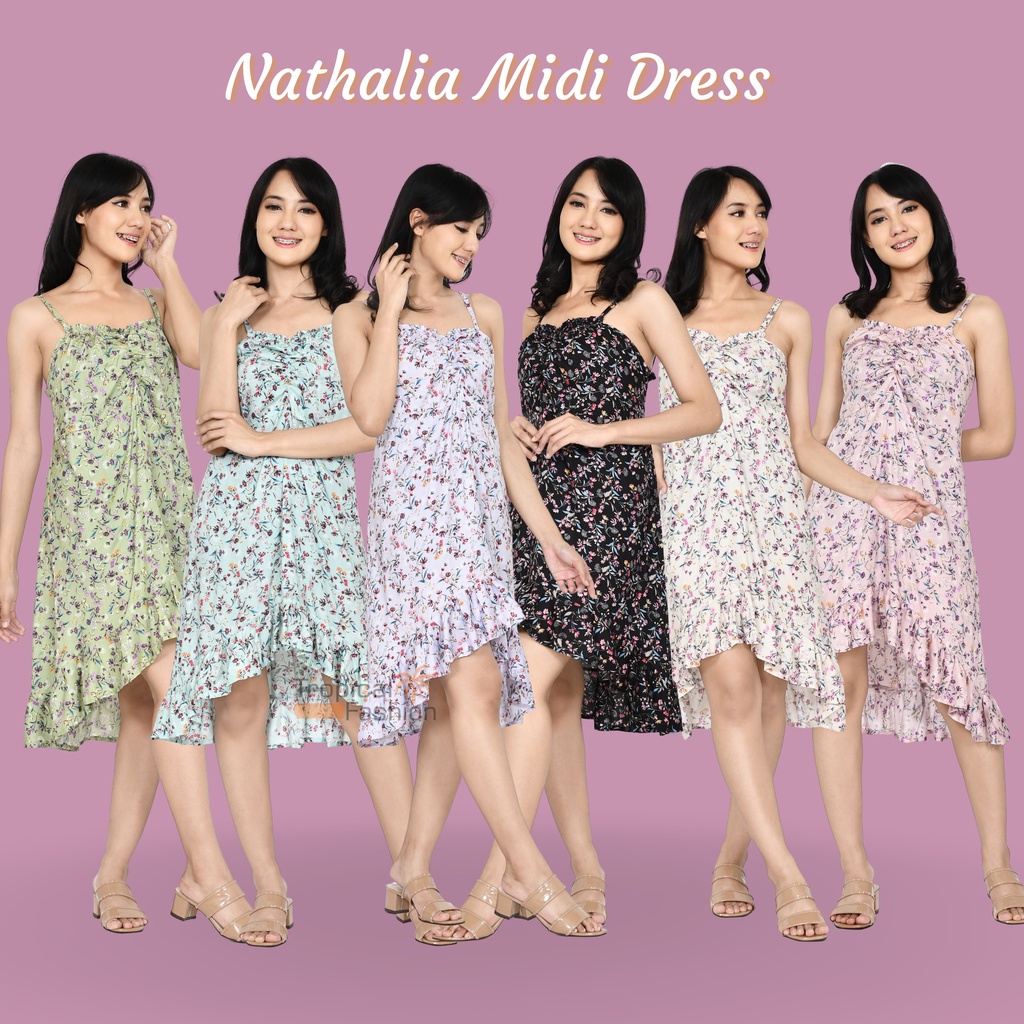 Nathalia Midi Dress Wanita Serut Bahan Rayon Premium Untuk Remaja Dan Dewasa Termurah Dan Kekinian