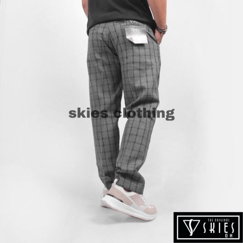 Celana Tartan Panjang Pria Motif Kotak abu Garis Hitam Slimfit Katun Semi Wol Outfit Original Skies