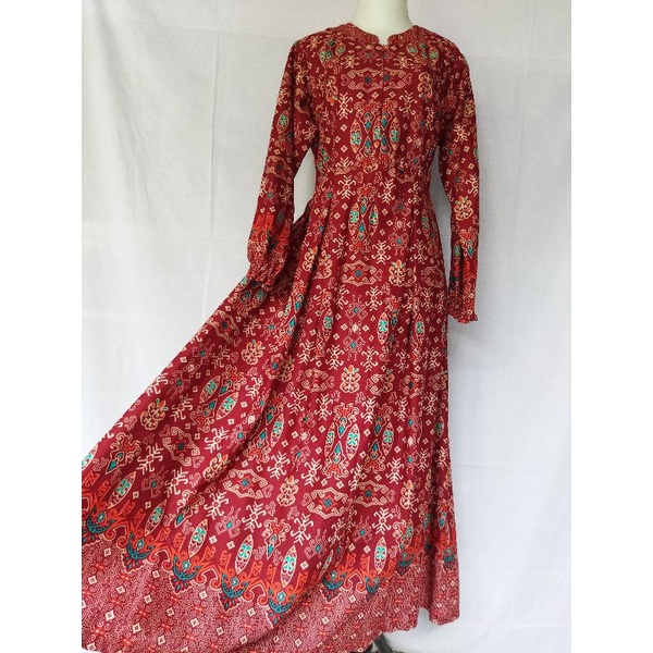 Long Dress Gamis Katun Halus Kualitas Premium Motif Batik Tradisional Warna Merah Pakaian Muslim Wan