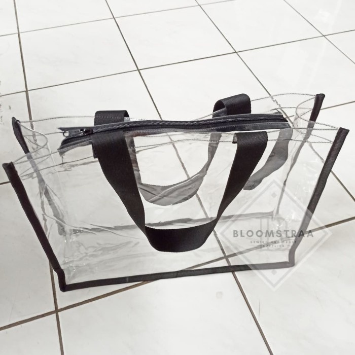 Terlaris Tas Mika transparan resleting Tas Souvenir transparant zipper Tote Bag - Hitam