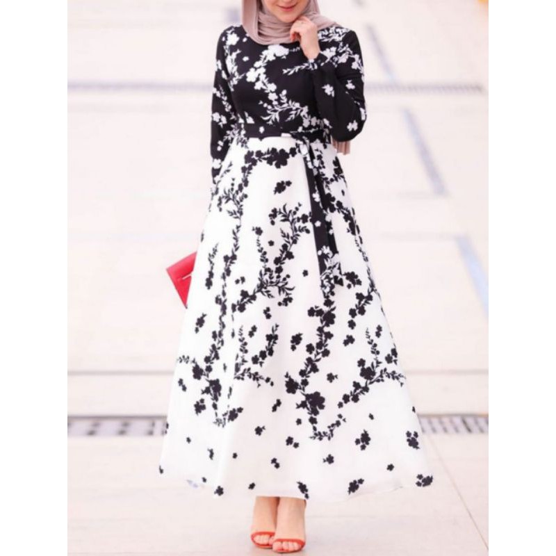 MDLV ~ BM 8001 MONOCHROME FLORAL MAXI (INCLUDE TALI PINGGANG)