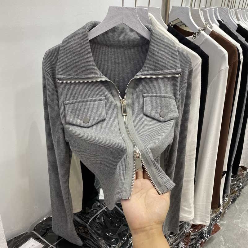 Suhao American Top Lapel T-Shirt Lengan Panjang Wanita Musim Dingin Cardigan Slim Fit Bottoming Top