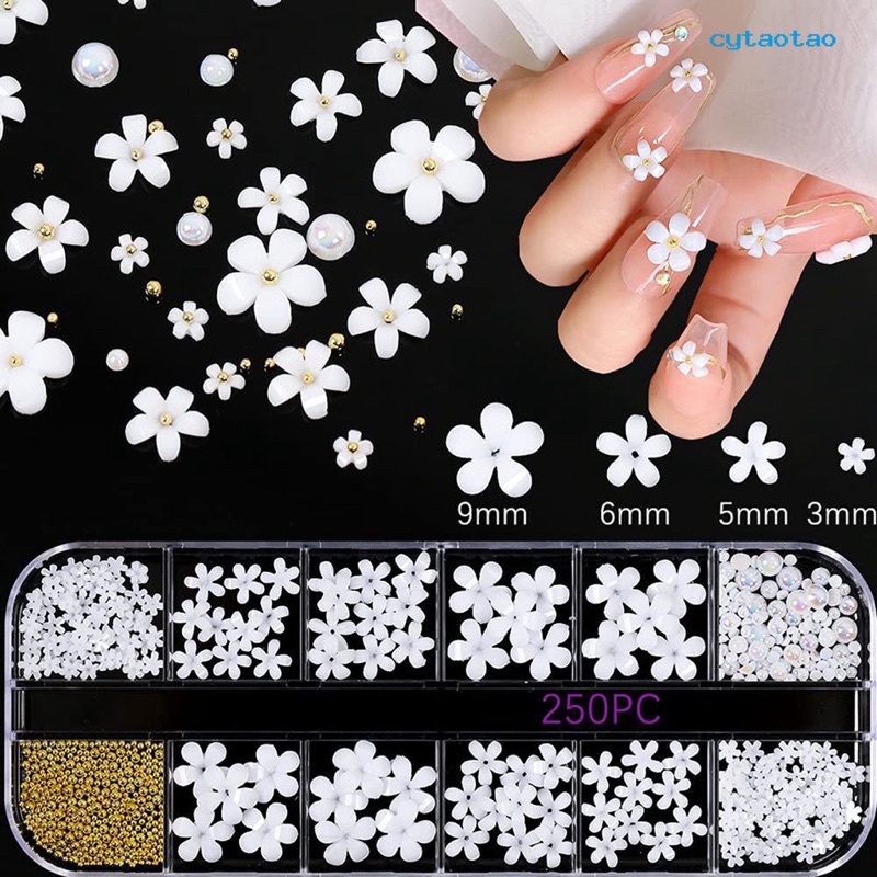 12PCS 3D FLOWER RESIN WEDDING NAIL HIASAN KUKU BUNGA AKRILIK TIMBUL BUNGA PUTIH MIX SIZED 3D ACRYLIC FLOWER