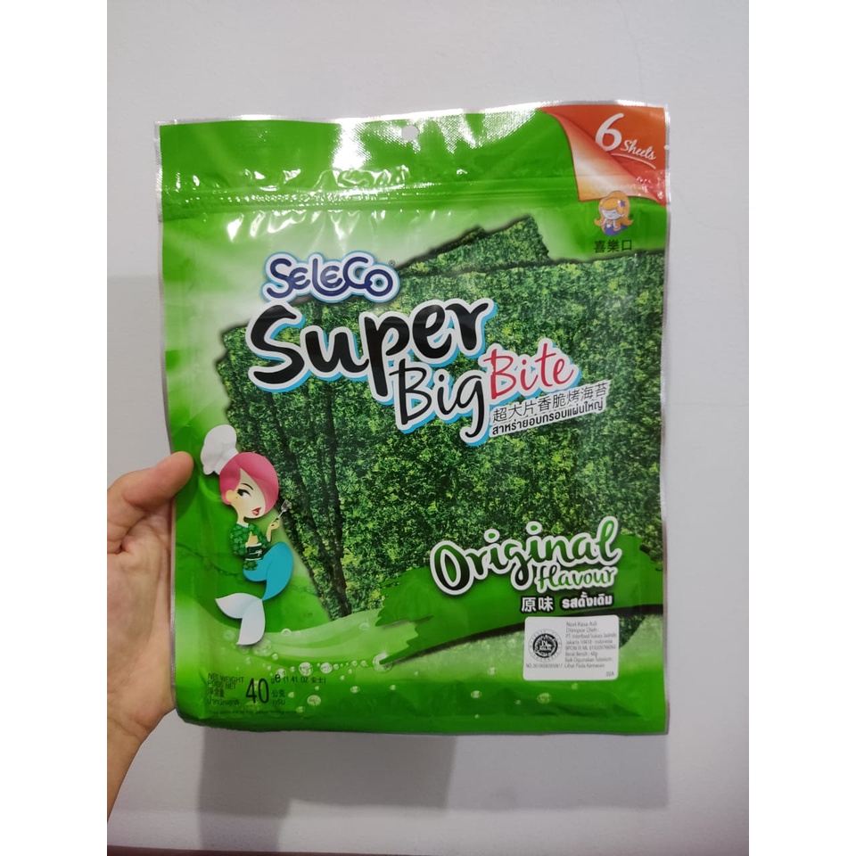 

SELECO Super Big Bite Seaweed SPICY 40gr Nori 6 Sheet Rumput Laut