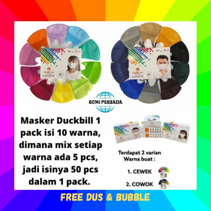 masker Duckbill Careion Rainbow Garis Hidung 3 Ply isi 50Pcs embos ori 44558