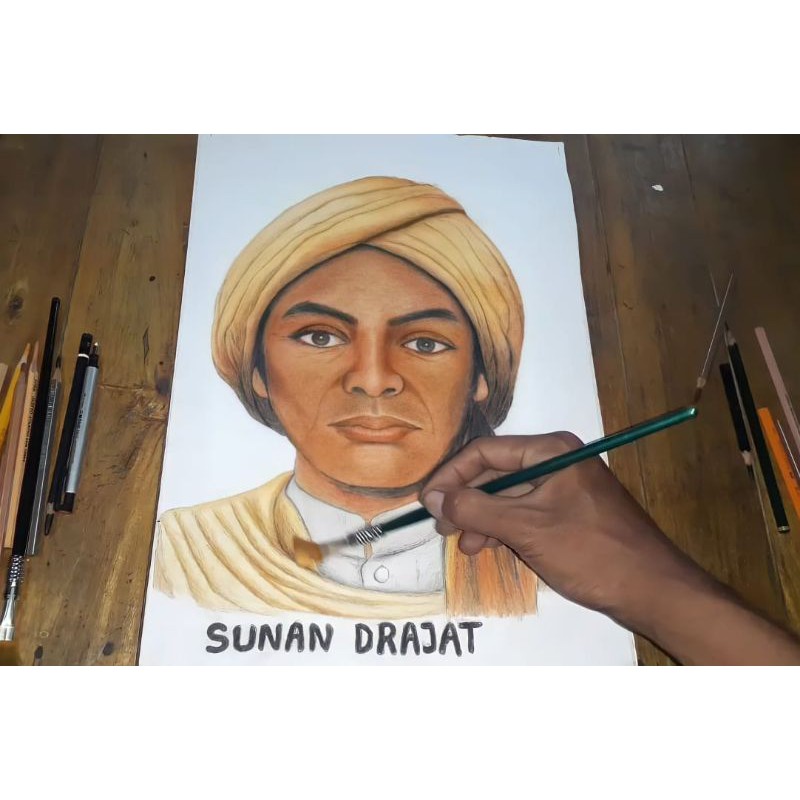Lukisan Pensil Warna Lukisan Walisongo Lukisan Sunan Drajat,. kertas A3 ukuran 30x42cm