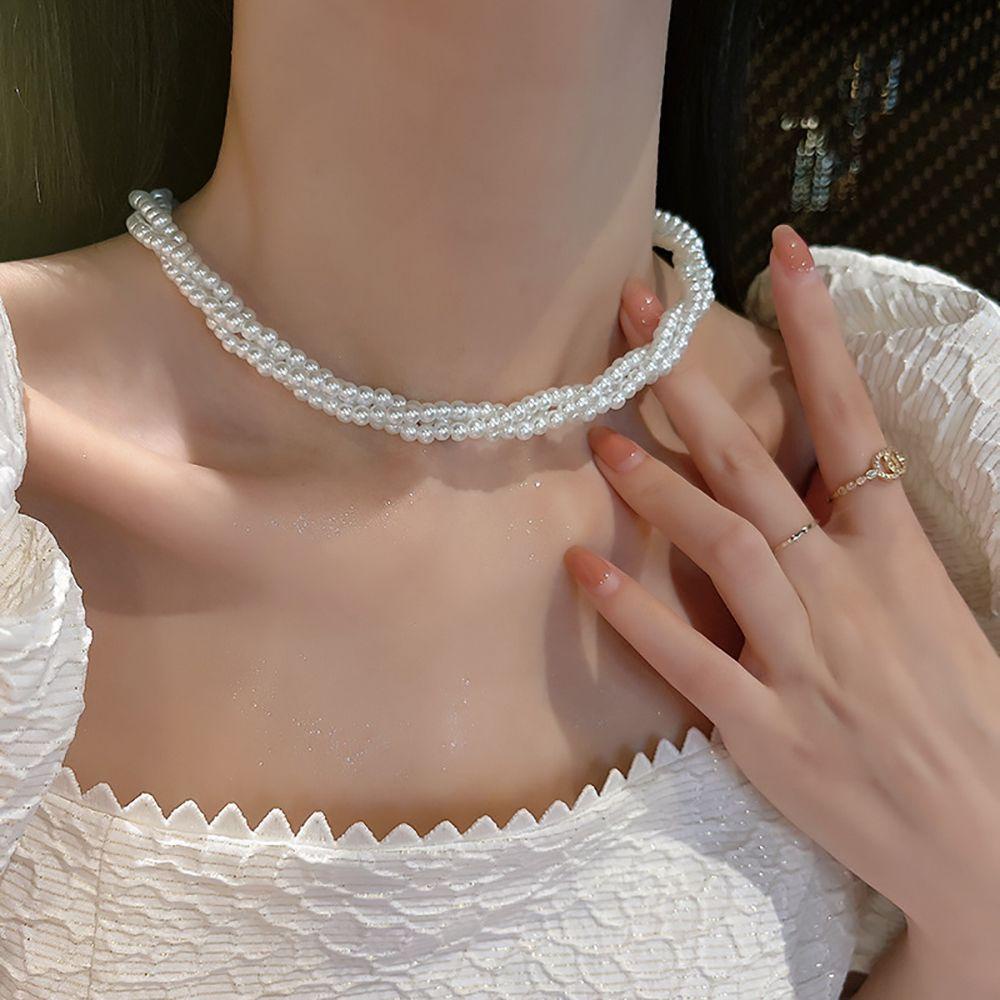 Mxbeauty Kalung Mutiara Temperamen Elegan Gaya Keren Multilayer Wanita Choker Alloy Gaya Korea Kalung