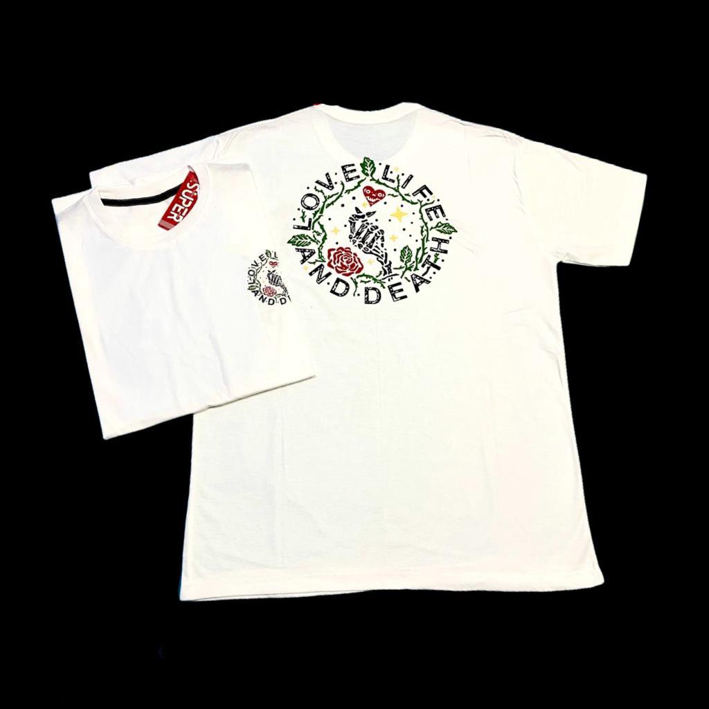 Kaos Baju Love Live And Death Mawar tengkorak Distro Motif Premium Katun Kombed 30s - Hitam