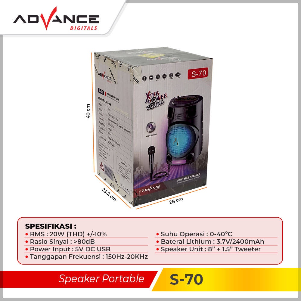 【READY STOCK】 Advance 8inch Speaker Aktif Portable karaoke Bluetooth Extra Bass Gratis 1 Microphone Led S-70