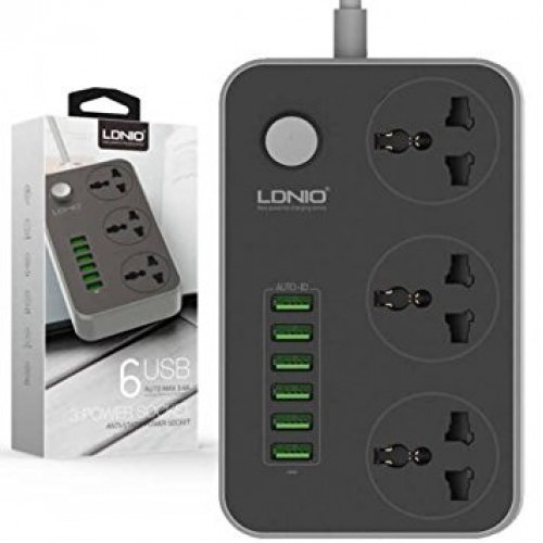 AKN88 - LDNIO SC3604 5V 3.4A 3 International Power Socket 6 USB Port 6.56ft 2m EU Plug Charging