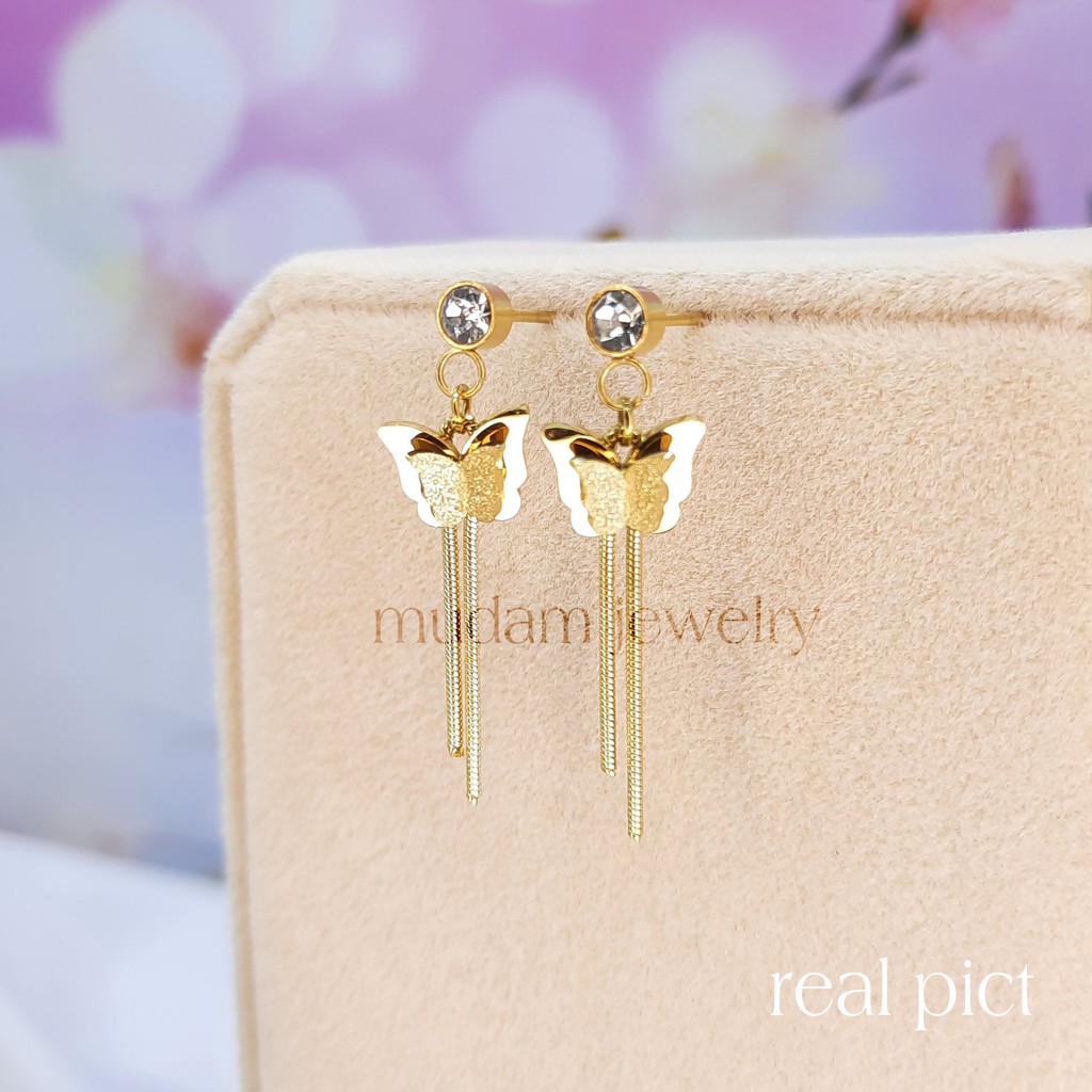 Anting Tusuk Titanium Kupu - Kupu Kecil Jurai Dengan Diamond Artifisial Warna Rose Gold, Gold dan Silver