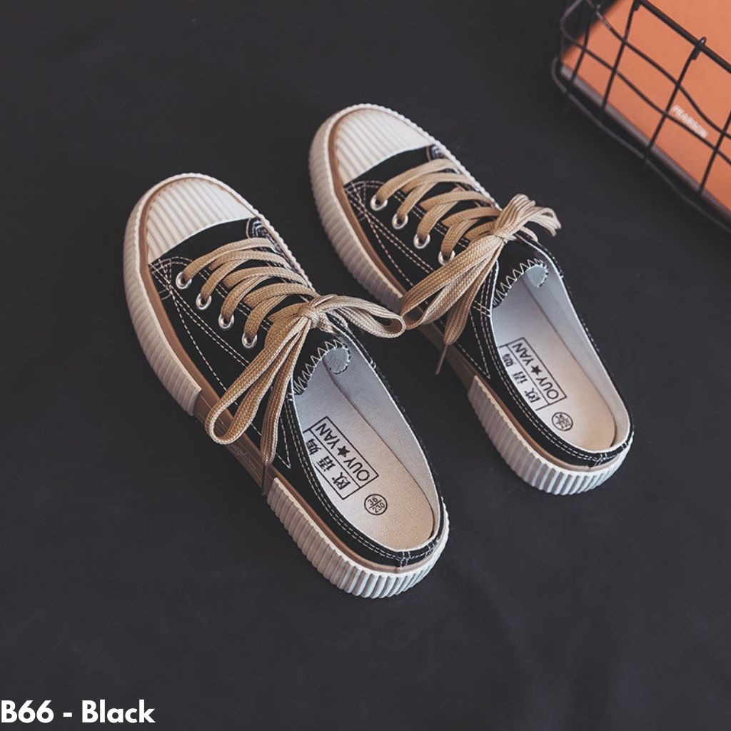 Gypsy - Ulzzang Sepatu Sneakers Kanvas Wanita Dewasa Import Sole Karet Slop Seoatu Snakers Hitam Cewek Remaja Canvas Snekers XB66