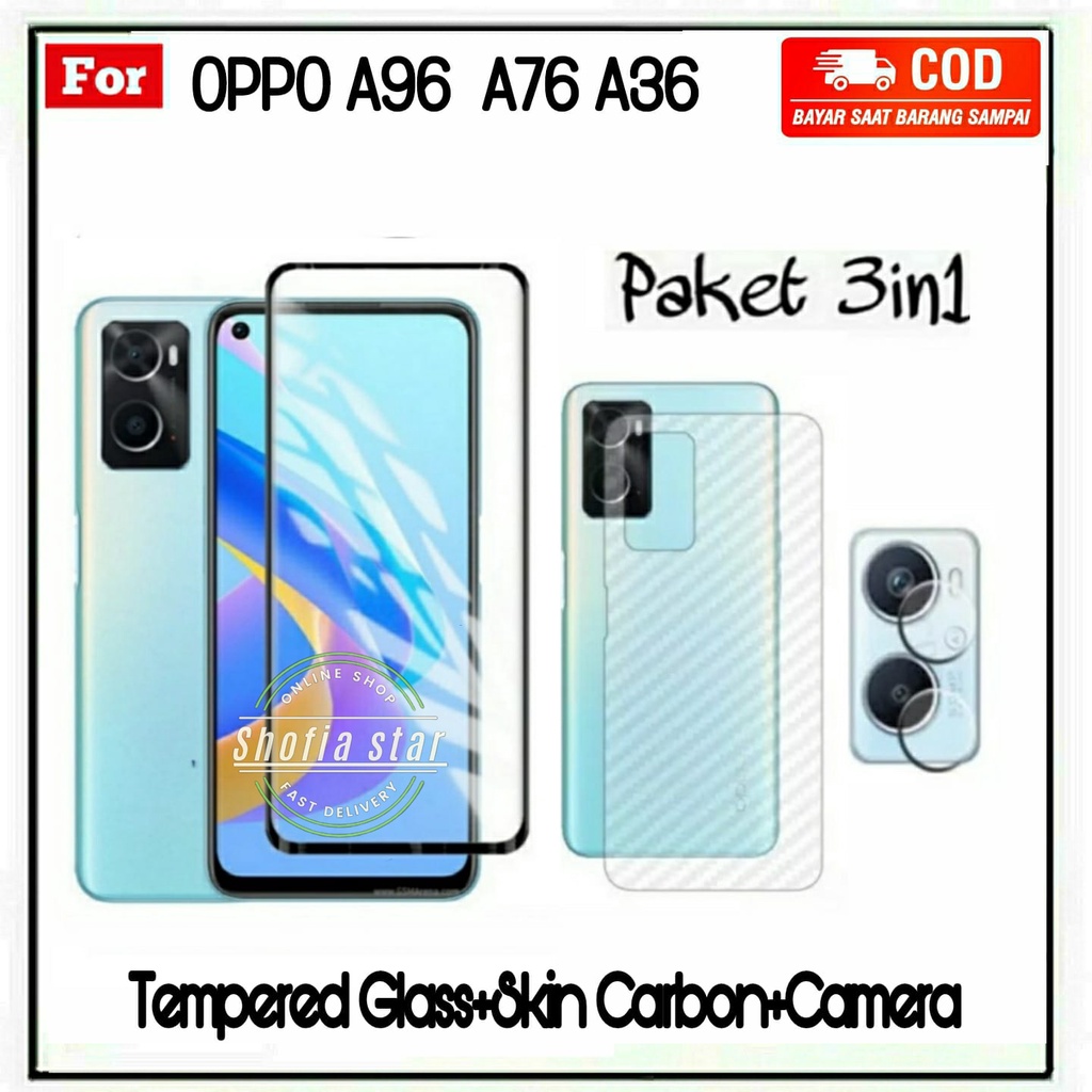 3IN1 TEMPERED GLASS OPPO A96 A76 A36 TG LAYAR ANTIGORES KACA FULL COVER