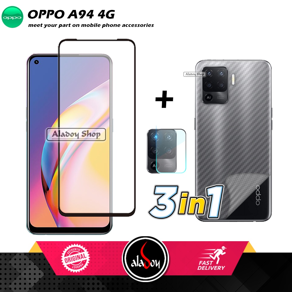 PAKET 3 IN 1 Tempered Glass Layar Oppo A94 4G Free Tempered Glass Camera dan Skin Carbon