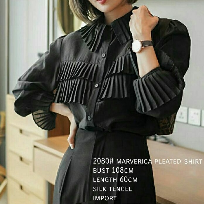 2080 Baju atasan kemeja ruffle rempel hitam putih polos lengan panjang korean style wanita import ba