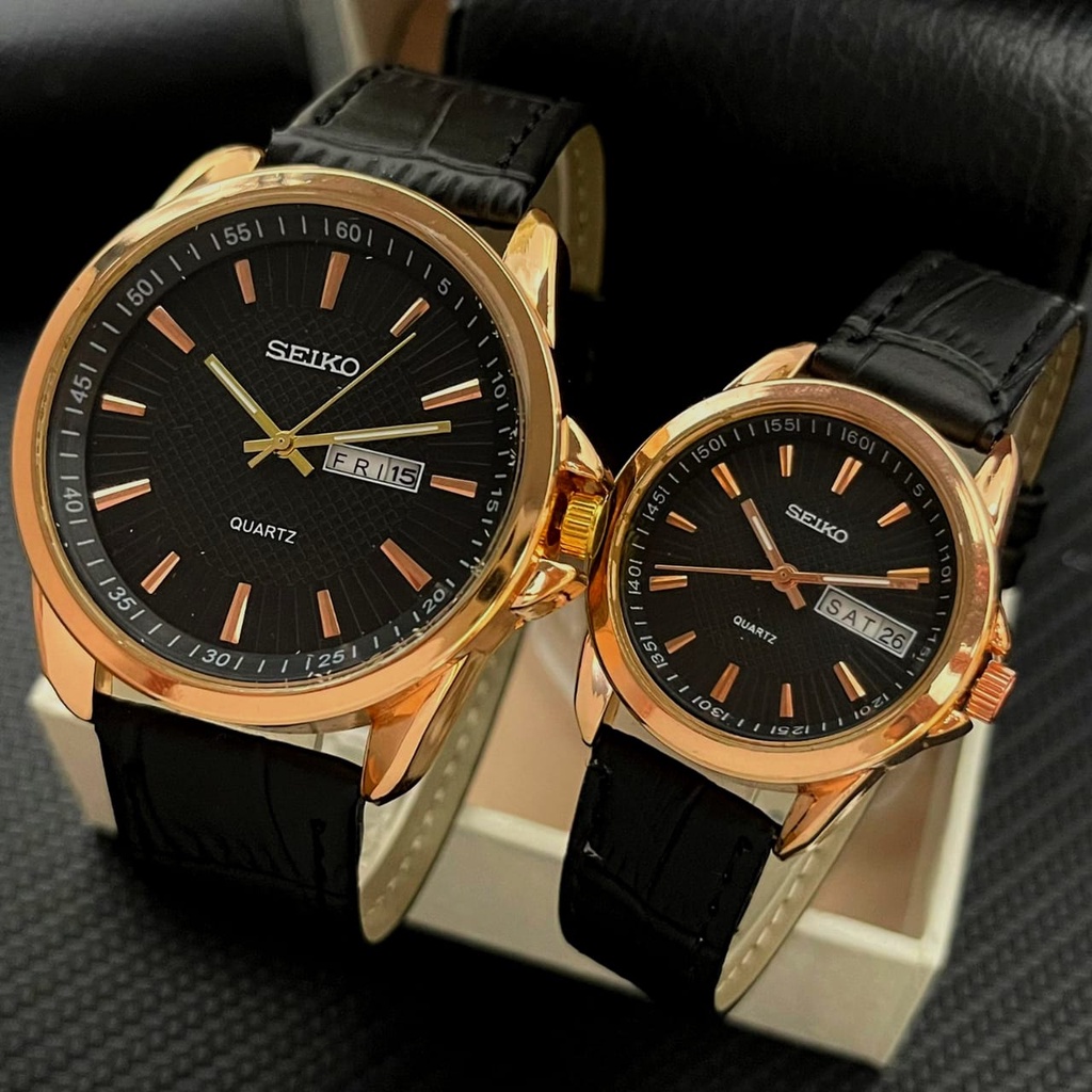Premium (RRW) Jam tangan Couple Fahsion - Seiko tali kulit - tanggal & Hari aktif free box sama