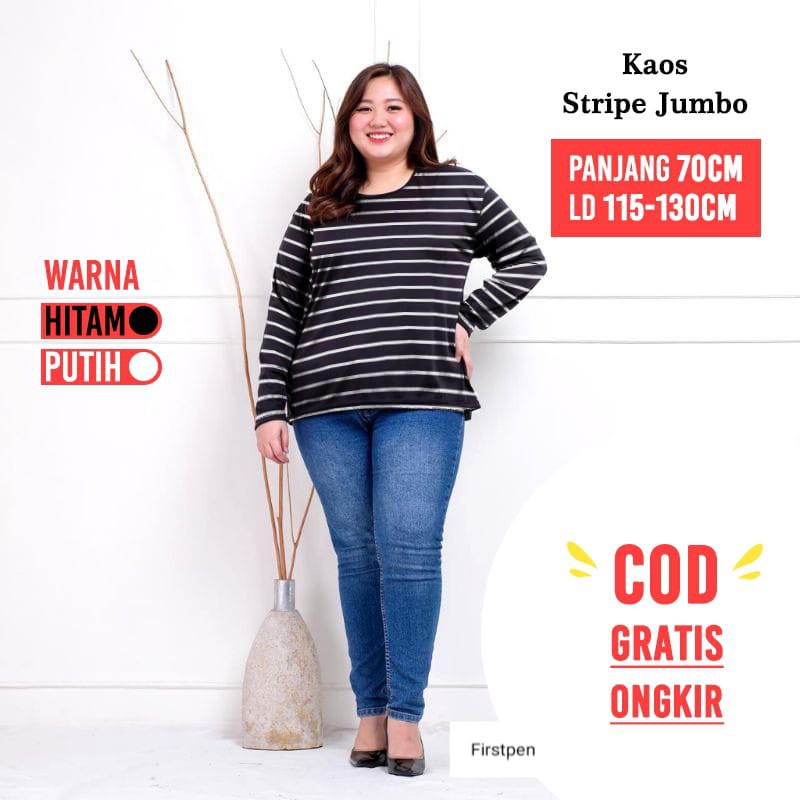 Kaos Stripe Salur Lengan Panjang Wanita Jumbo Besar