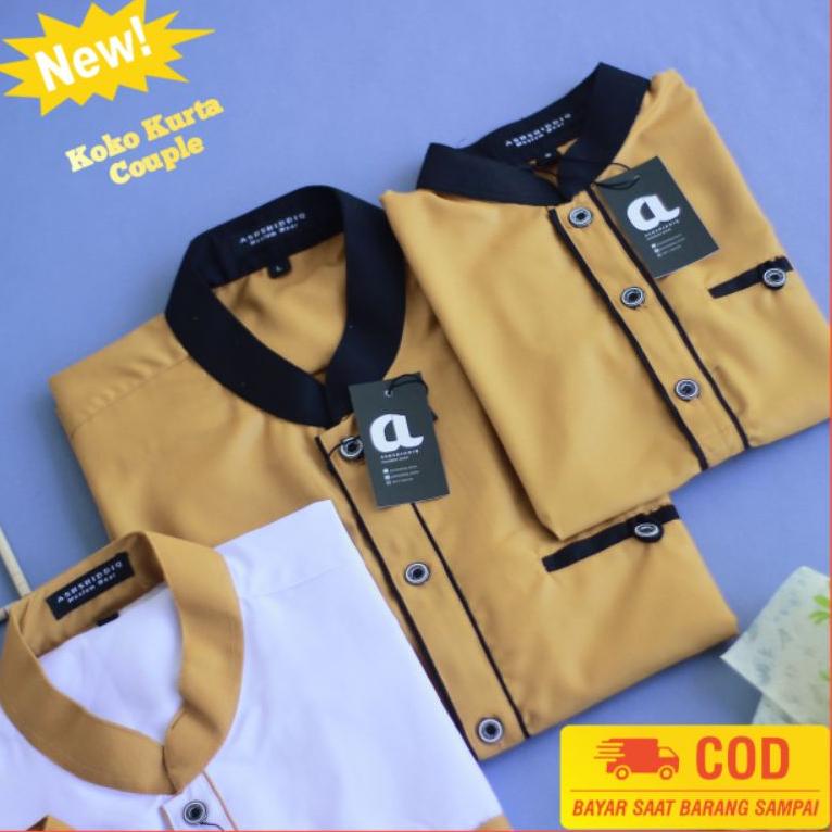 OMR.080 ‑ Baju Koko Kurta Pria Couple Ayah dan Anak laki laki Mustard putih Lengan 3/4 Bahan Toyobo 