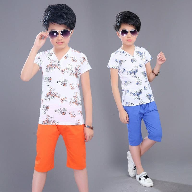 Promo !! Setelan baju anak cowok setelan flower bee blue boy import uk 5-7th uk 140,150,160 (putih biru)