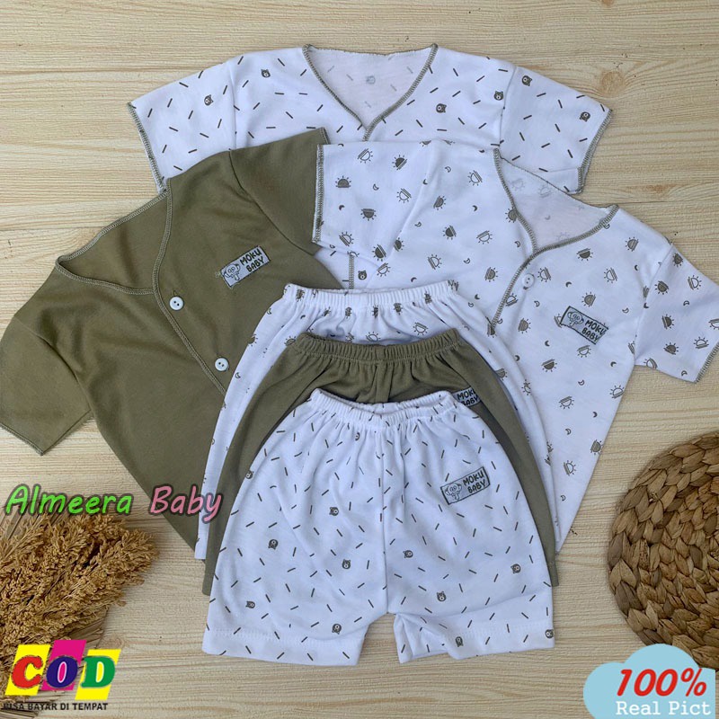 Isi 6 PCS Baju Celana Bayi / 3 Setel Baju Celana Lengan Pendek Usia Bayi Baru Lahir Seri Army Almeera Baby and Kids