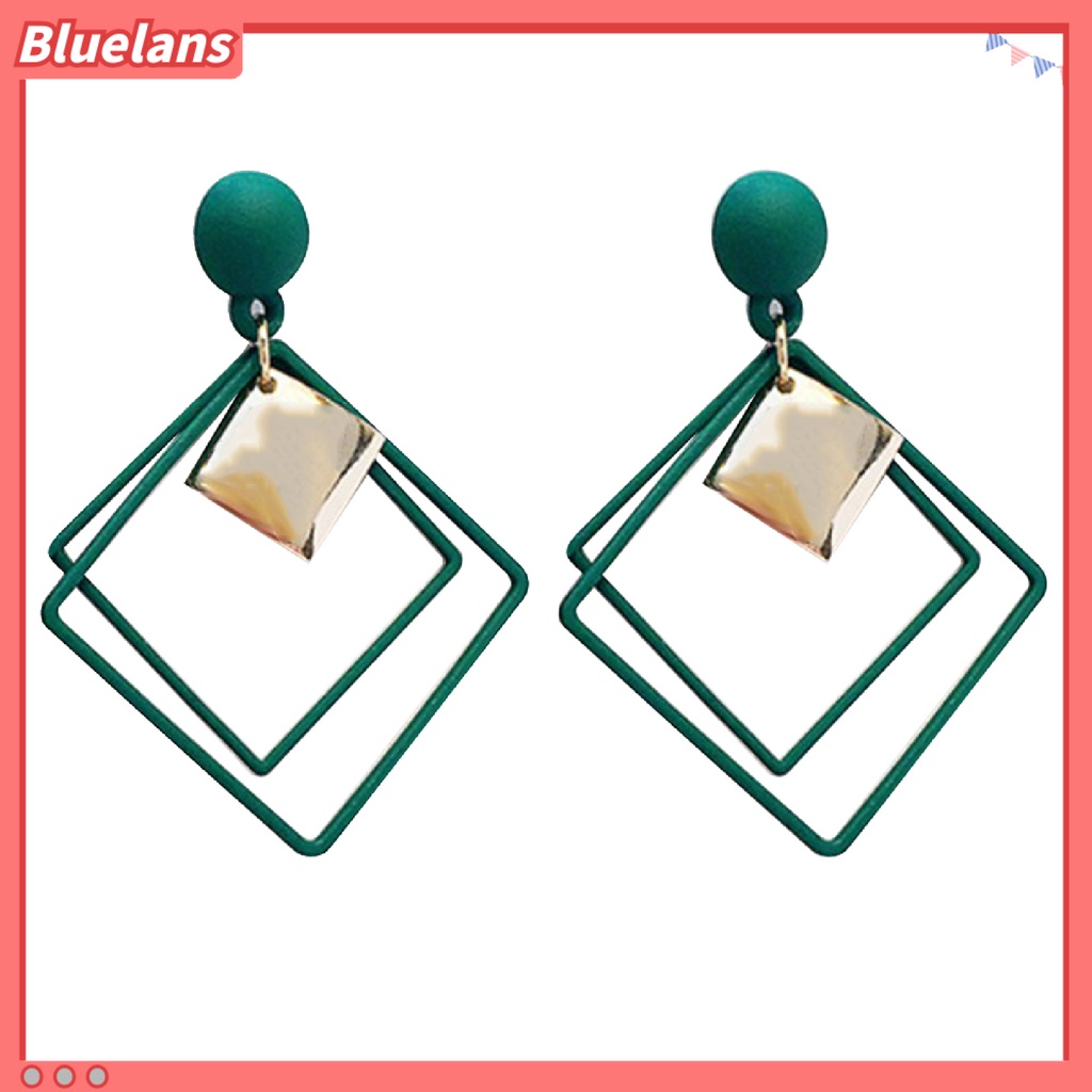 Bluelans 1 Pasang Anting Tusuk Gantung Wanita Bahan Alloy Desain Persegi Ganda Untuk Hadiah