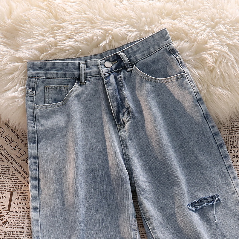 Warna Biru muda Highwaist Robek-Robek Loose Kasual Celana Jeans Panjang Wanita