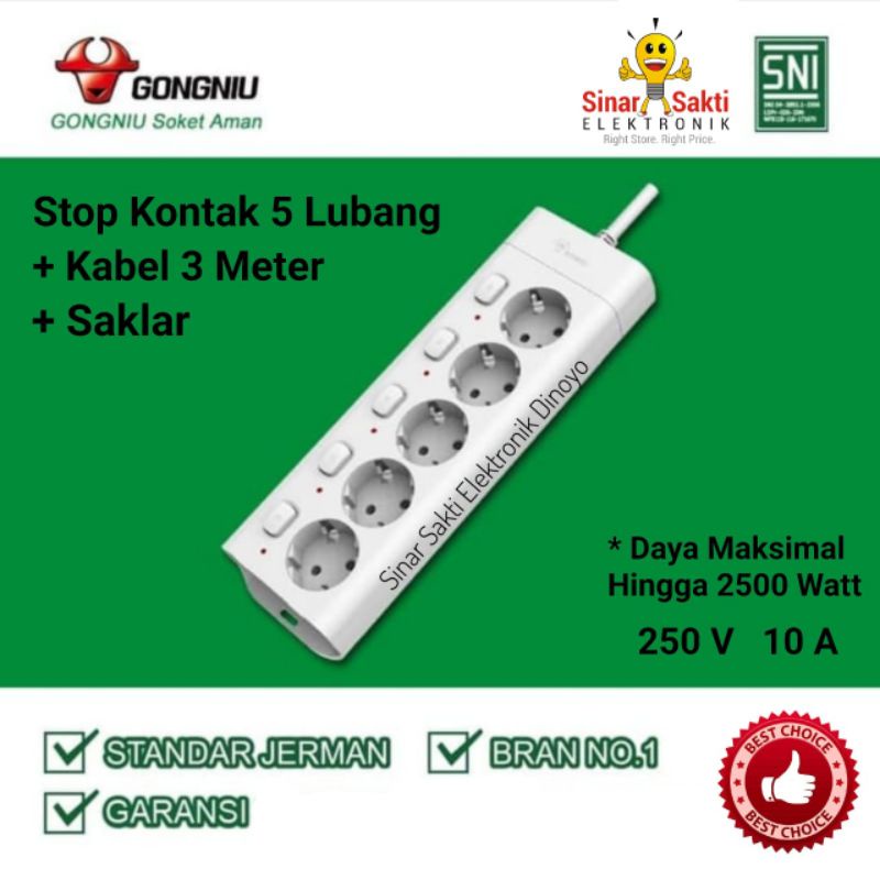 Gongniu Kabel Roll Stop Kontak 5 Lubang 3 Meter Saklar Multi Switch 3M 3 M